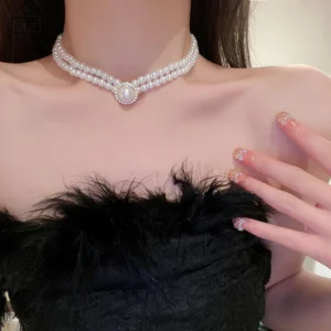 สร้อยคอมุกสีขาว เส้นคู่ ลุคแกลม