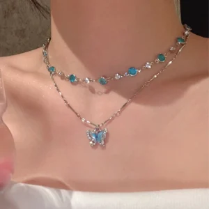 สร้อยคอ 2 ชั้น ตกแต่งจี้โทนสีฟ้า น่ารัก