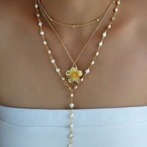สร้อยคอทอง สามชั้น ไข่มุกเล็ก จี้ดอกไม้ สไตล์หวาน
