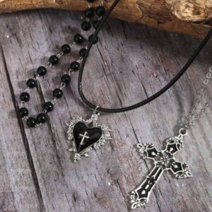 สร้อยคอสายหนัง จี้กางเขนประดับหิน สไตล์กอธิค