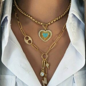 สร้อยคอทอง สามชั้น จี้หัวใจหินสีเขียว สไตล์โบฮีเมียน