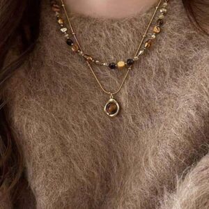 สร้อยคอทอง สองชั้น จี้วงกลม สไตล์วินเทจ