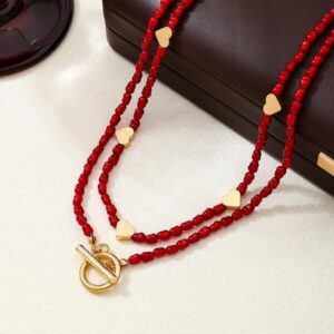 สร้อยคอสายแดง สามชั้น จี้วงกลมทอง สไตล์โบฮีเมียน