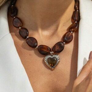 สร้อยคอหินน้ำตาล จี้หัวใจ สไตล์วินเทจ