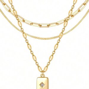 สร้อยคอทองชุบ สามชั้น จี้สี่เหลี่ยม สไตล์หรู