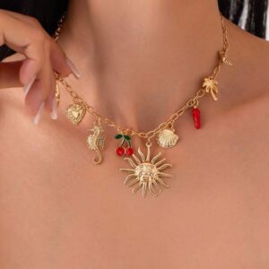 สร้อยคอทอง จี้ดาวดวงจันทร์ พระอาทิตย์ สไตล์โบฮีเมียน